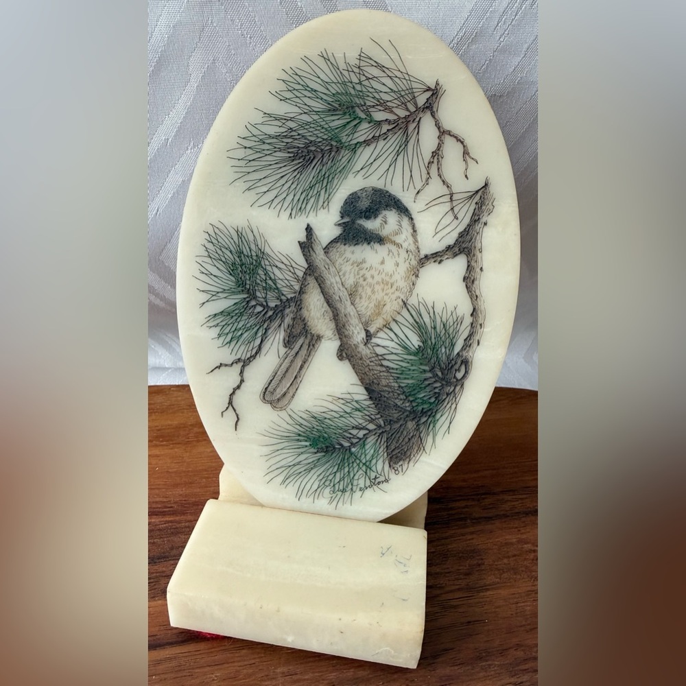 Vintage Cream and Green Chickadee Bird Art Winter Desk Decor